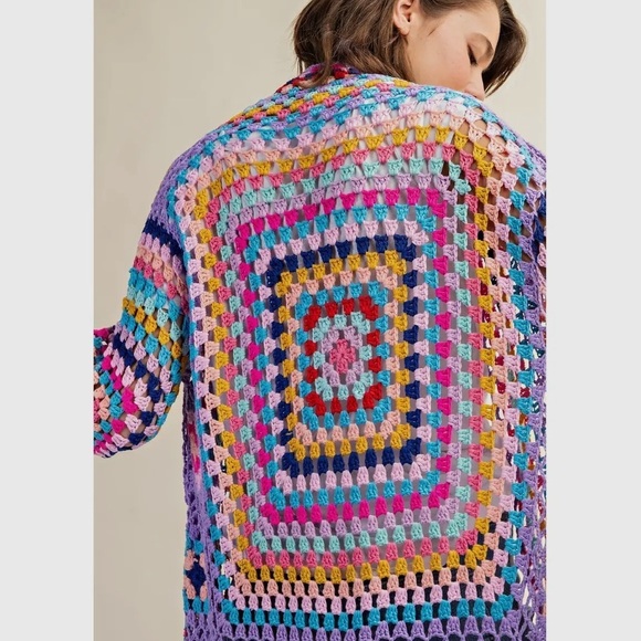 Sweet Generis S/M Purple Multi Crochet Fringe Cardigan Grannycore Cottagecore - Picture 3 of 3